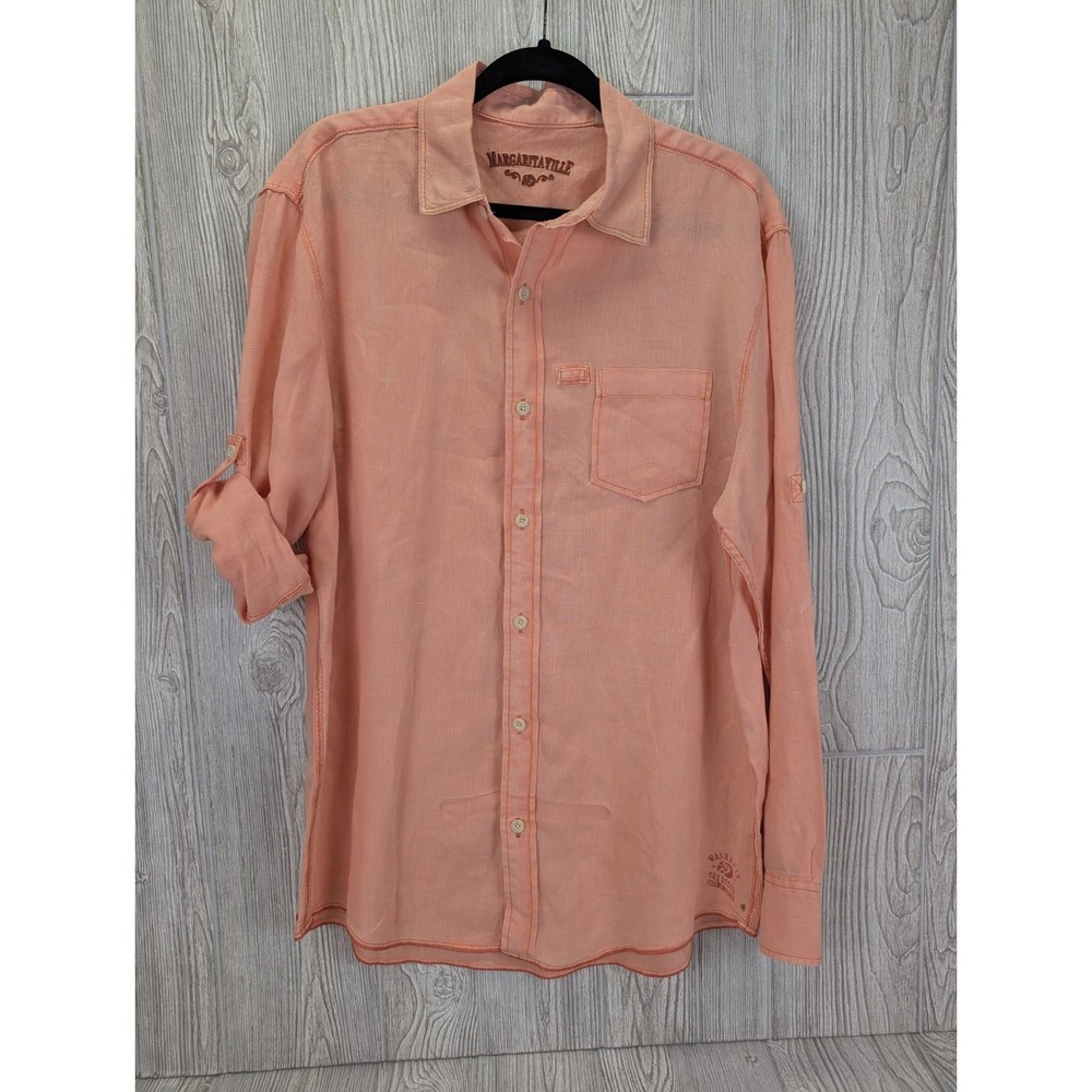 Margaritaville Linen Button Down Shirt Men Medium Orange Wash Beach Resort